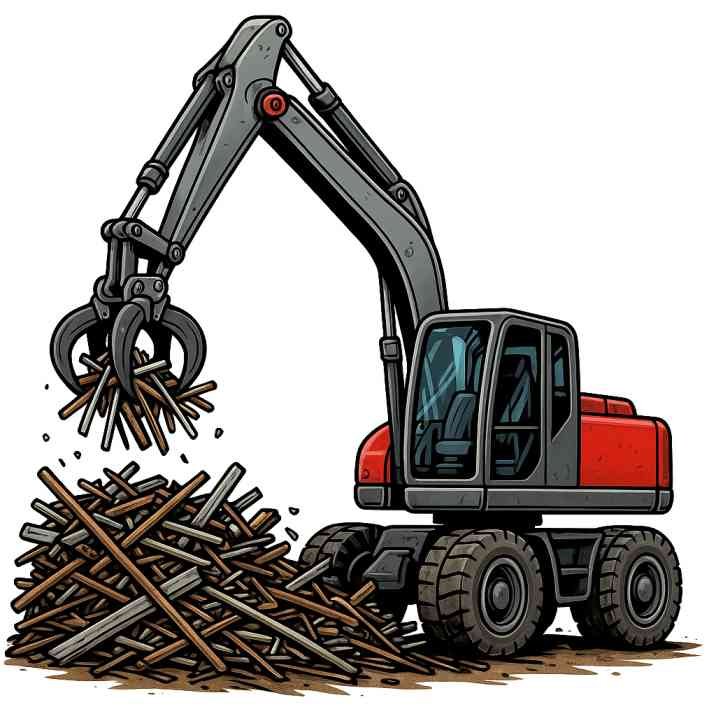 Ilustrace bagru nabírajícího kovový šrot